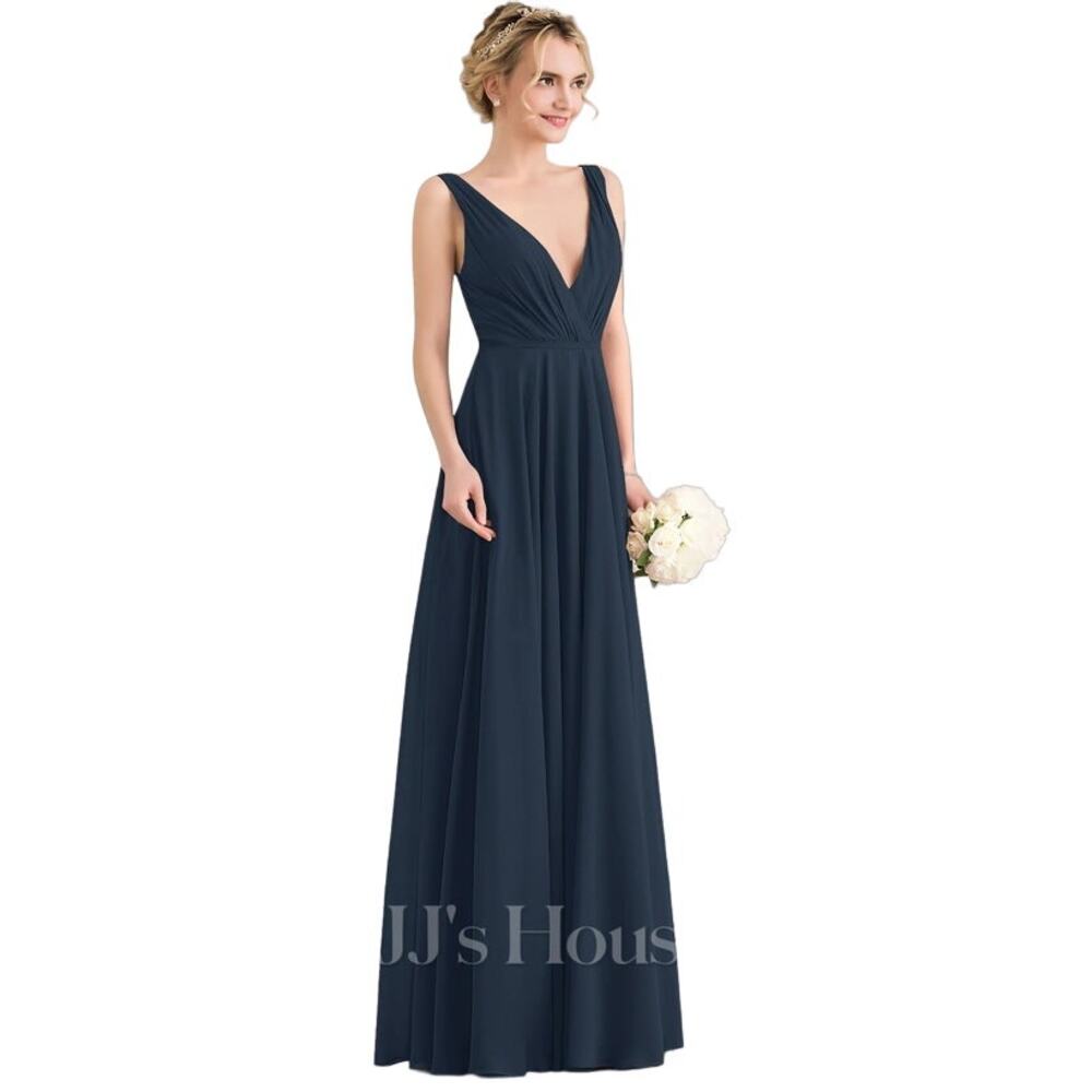 A-line V-Neck Floor-Length Chiffon Evening Dress Medium Sleeveless Maxi Formal